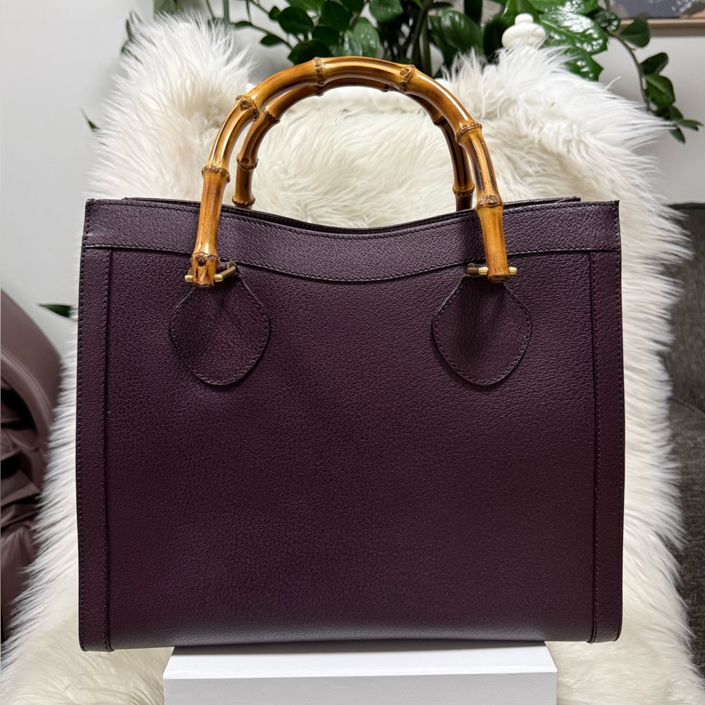 Gucci Deep Plum Leather Tote with Bamboo Handles